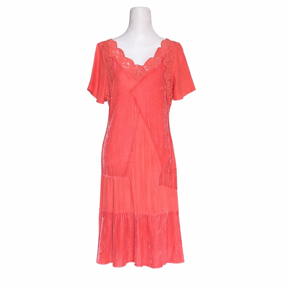 Sundance Rosalind Dress Silk Lace Velvet Patchwork Coral Pink Boho Midi Size 8
